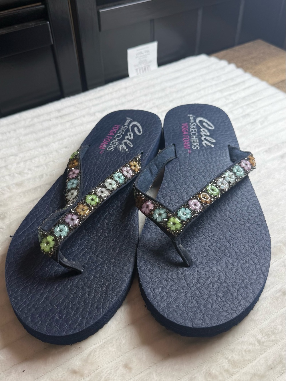 Skechers Navy Flip Flops with Multicolor Jeweled Straps